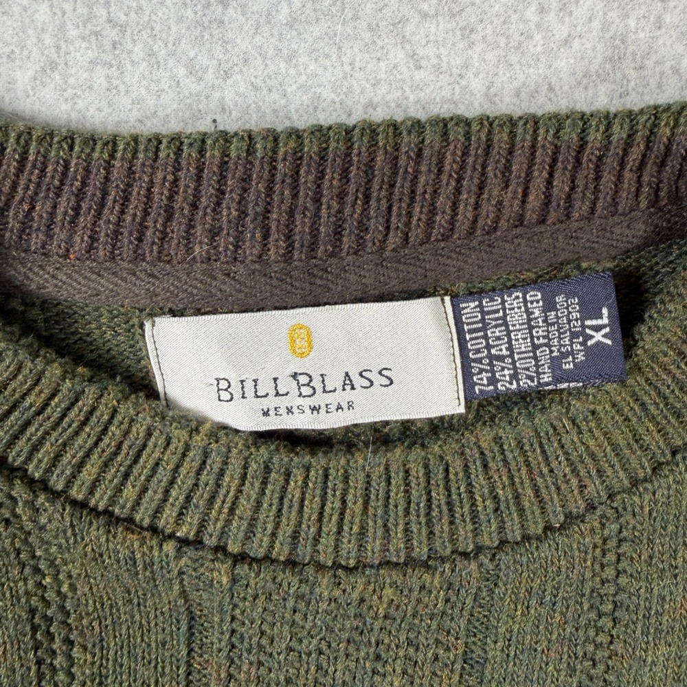 Vintage Bill Blass Mens XL Ribbed Knit Crewneck Sweater Olive Green Grandpa 90s - Picture 3 of 7
